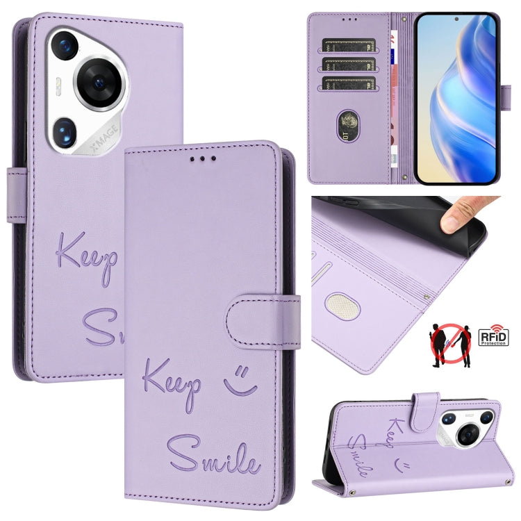 For Huawei Pura 70 Pro Smile Embossing RFID Leather Phone Case(Light Purple) - Huawei Cases by PMC Jewellery | Online Shopping South Africa | PMC Jewellery | Buy Now Pay Later Mobicred