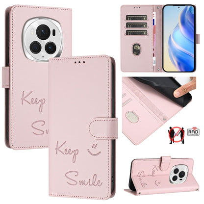 For Honor Magic6 Pro 5G Global Smile Embossing RFID Leather Phone Case(Pink) - Honor Cases by PMC Jewellery | Online Shopping South Africa | PMC Jewellery | Buy Now Pay Later Mobicred