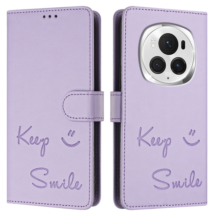 For Honor Magic6 Pro 5G Global Smile Embossing RFID Leather Phone Case(Light Purple) - Honor Cases by PMC Jewellery | Online Shopping South Africa | PMC Jewellery | Buy Now Pay Later Mobicred