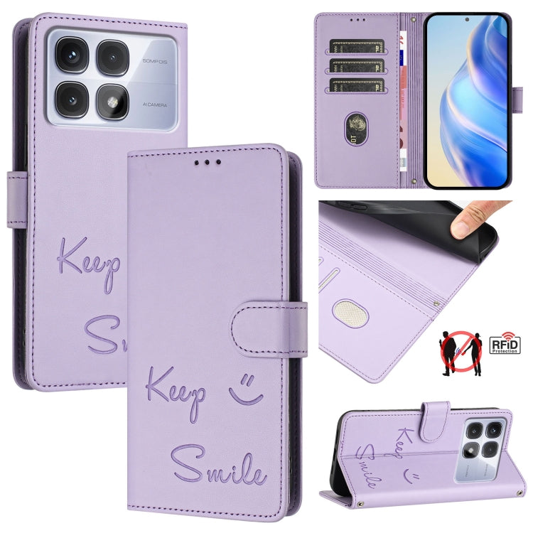 For Redmi K70 Ultra 5G Global Smile Embossing RFID Leather Phone Case(Light Purple) - Xiaomi Cases by PMC Jewellery | Online Shopping South Africa | PMC Jewellery | Buy Now Pay Later Mobicred