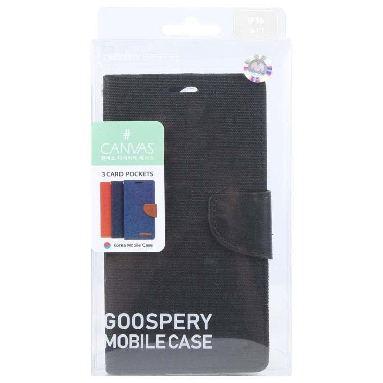 For iPhone 16 GOOSPERY CANVAS DIARY Fabric Texture Flip Leather Phone Case(Black) - iPhone 16 Cases by GOOSPERY | Online Shopping South Africa | PMC Jewellery | Buy Now Pay Later Mobicred