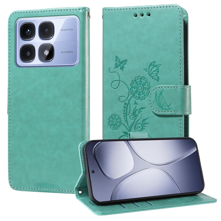 For Redmi K70 Ultra Embossed Butterfly Flowers Leather Phone Case(Green) - Xiaomi Cases by PMC Jewellery | Online Shopping South Africa | PMC Jewellery | Buy Now Pay Later Mobicred