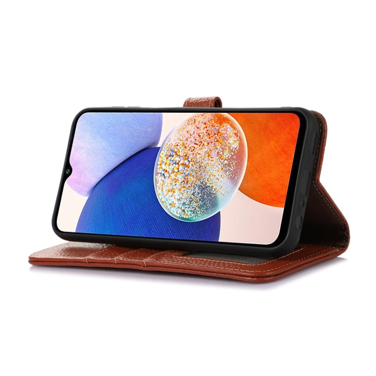 For Motorola Edge 50 Neo Genuine Leather Litchi Texture RFID Leather Phone Case(Coffee) - Motorola Cases by PMC TechLife | Online Shopping South Africa | PMC TechLife | Buy Now Pay Later Mobicred