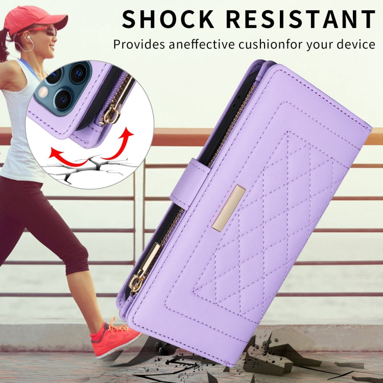 For iPhone 16 Pro Max Crossbody Zipper Wallet Rhombus Leather Phone Case(Purple) - iPhone 16 Pro Max Cases by PMC Jewellery | Online Shopping South Africa | PMC Jewellery | Buy Now Pay Later Mobicred