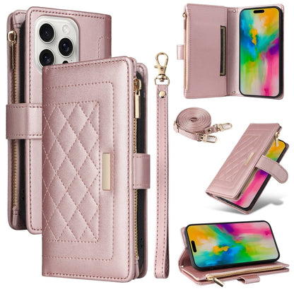 For iPhone 16 Pro Crossbody Zipper Wallet Rhombus Leather Phone Case(Rose Gold) - iPhone 16 Pro Cases by PMC Jewellery | Online Shopping South Africa | PMC Jewellery | Buy Now Pay Later Mobicred