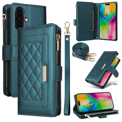 For iPhone 16 Plus Crossbody Zipper Wallet Rhombus Leather Phone Case(Green) - iPhone 16 Plus Cases by PMC Jewellery | Online Shopping South Africa | PMC Jewellery | Buy Now Pay Later Mobicred