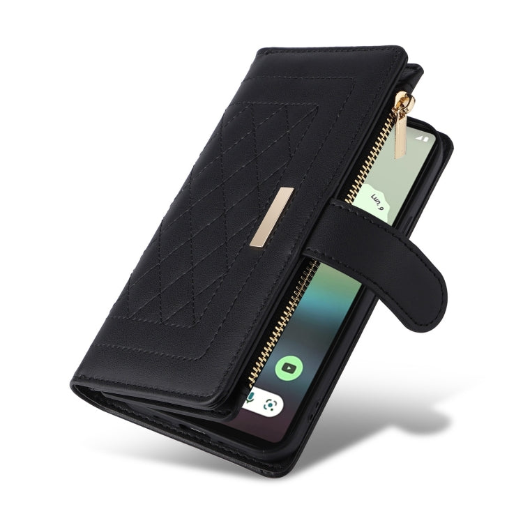 For Google Pixel 7a Crossbody Zipper Wallet Rhombus Leather Phone Case(Black) - Google Cases by PMC TechLife | Online Shopping South Africa | PMC TechLife | Buy Now Pay Later Mobicred