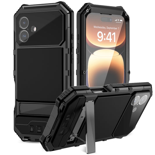 For iPhone 16 Plus R-JUST Life Waterproof Dustproof Shockproof Holder Phone Case(Black) - iPhone 16 Plus Cases by R-JUST | Online Shopping South Africa | PMC Jewellery | Buy Now Pay Later Mobicred