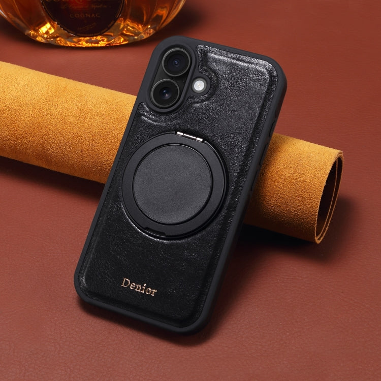 For iPhone 16 Plus Denior A17 Genuine Leather Gear Magnetic Holder Phone Case(Black) - free shipping - PMC Jewellery - Order now!