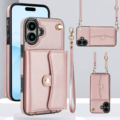 For iPhone 16 Plus RFID Card Slot Phone Case with Long Lanyard(Rose Gold) - iPhone 16 Plus Cases by PMC Jewellery | Online Shopping South Africa | PMC Jewellery | Buy Now Pay Later Mobicred