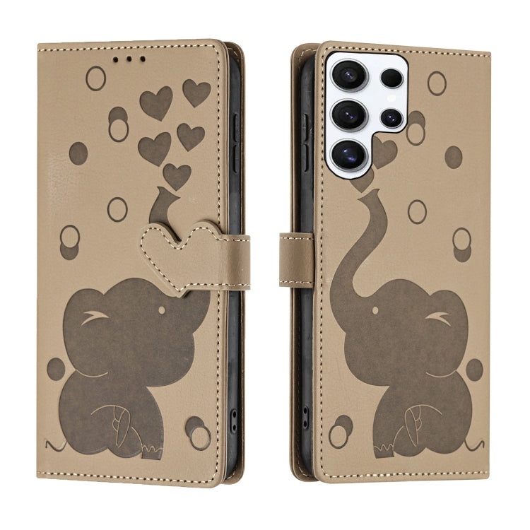 For Samsung Galaxy S25 Ultra 5G Cartoon Elephant Embossed Leather Phone Case(Khaki) - Galaxy S25 Ultra 5G Cases by PMC Jewellery | Online Shopping South Africa | PMC Jewellery | Buy Now Pay Later Mobicred