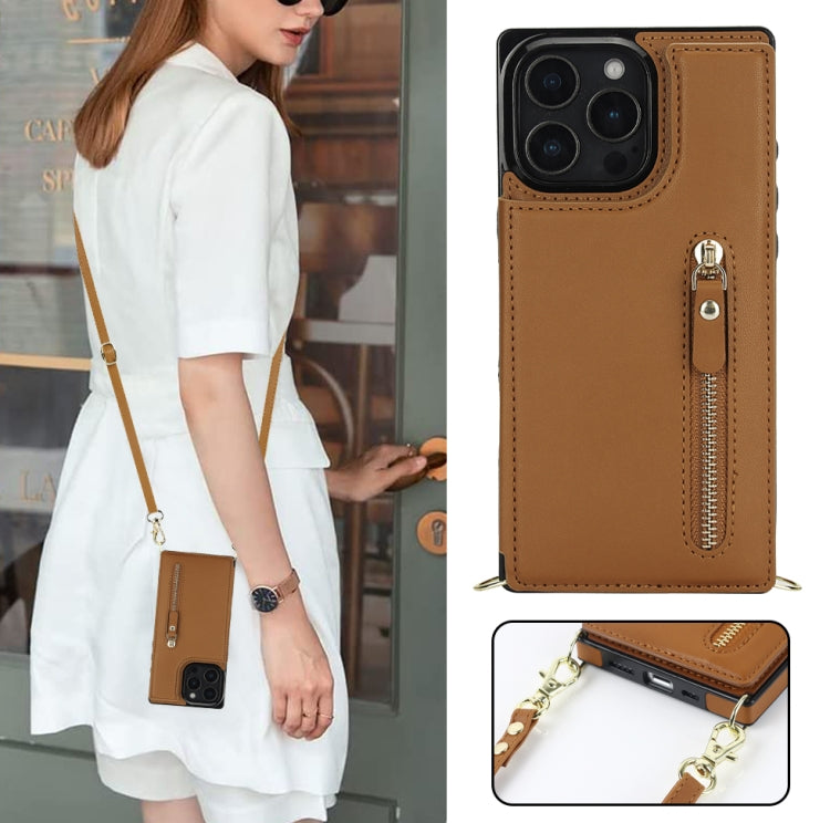 For iPhone 16 Pro Cross-body Zipper Square Phone Case(Brown) - iPhone 16 Pro Cases by PMC Jewellery | Online Shopping South Africa | PMC Jewellery | Buy Now Pay Later Mobicred