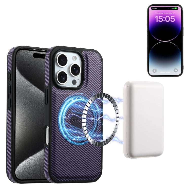 For iPhone 16 Pro Max Denior Carbon Fiber Texture Leather Card Bag MagSafe Phone Case(Purple) - iPhone 16 Pro Max Cases by Denior | Online Shopping South Africa | PMC Jewellery | Buy Now Pay Later Mobicred