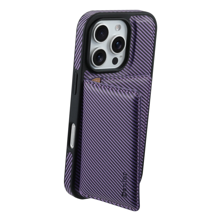 For iPhone 16 Pro Denior Carbon Fiber Texture Leather Card Bag MagSafe Phone Case(Purple) - iPhone 16 Pro Cases by Denior | Online Shopping South Africa | PMC Jewellery | Buy Now Pay Later Mobicred