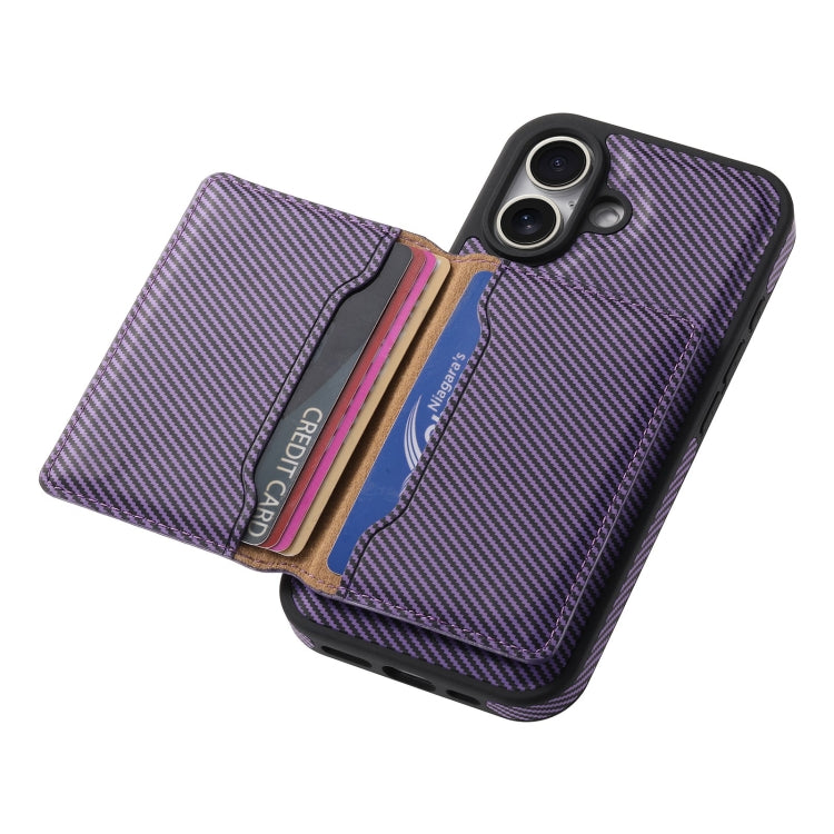 For iPhone 16 Plus Denior Carbon Fiber Texture Leather Card Bag MagSafe Phone Case(Purple) - iPhone 16 Plus Cases by Denior | Online Shopping South Africa | PMC Jewellery | Buy Now Pay Later Mobicred