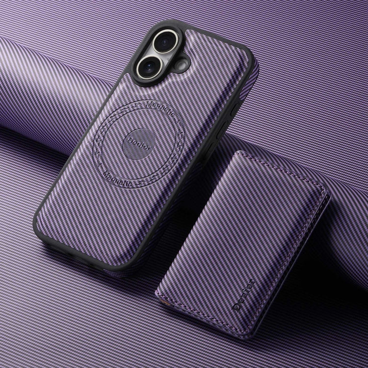 For iPhone 16 Plus Denior Carbon Fiber Texture Leather Card Bag MagSafe Phone Case(Purple) - iPhone 16 Plus Cases by Denior | Online Shopping South Africa | PMC Jewellery | Buy Now Pay Later Mobicred