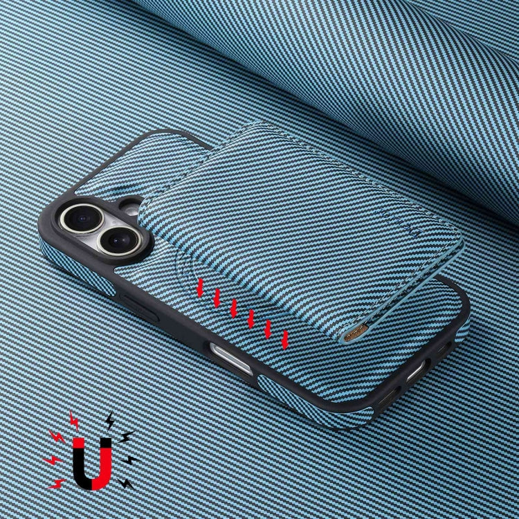 For iPhone 16 Denior Carbon Fiber Texture Leather Card Bag MagSafe Phone Case(Blue) - iPhone 16 Cases by Denior | Online Shopping South Africa | PMC Jewellery | Buy Now Pay Later Mobicred