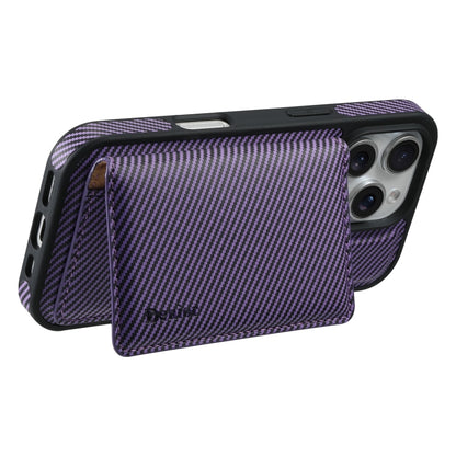 For iPhone 16 Denior Carbon Fiber Texture Leather Card Bag MagSafe Phone Case(Purple) - iPhone 16 Cases by Denior | Online Shopping South Africa | PMC Jewellery | Buy Now Pay Later Mobicred