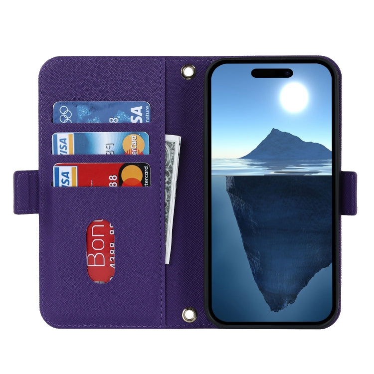 For iPhone 16 Cross Texture Crossbody Lanyard Leather Phone Case(Purple) - iPhone 16 Cases by PMC Jewellery | Online Shopping South Africa | PMC Jewellery | Buy Now Pay Later Mobicred