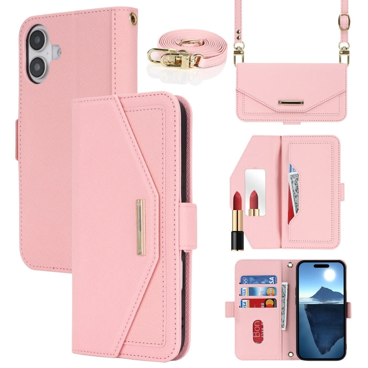 For iPhone 16 Cross Texture Crossbody Lanyard Leather Phone Case(Pink) - iPhone 16 Cases by PMC Jewellery | Online Shopping South Africa | PMC Jewellery | Buy Now Pay Later Mobicred