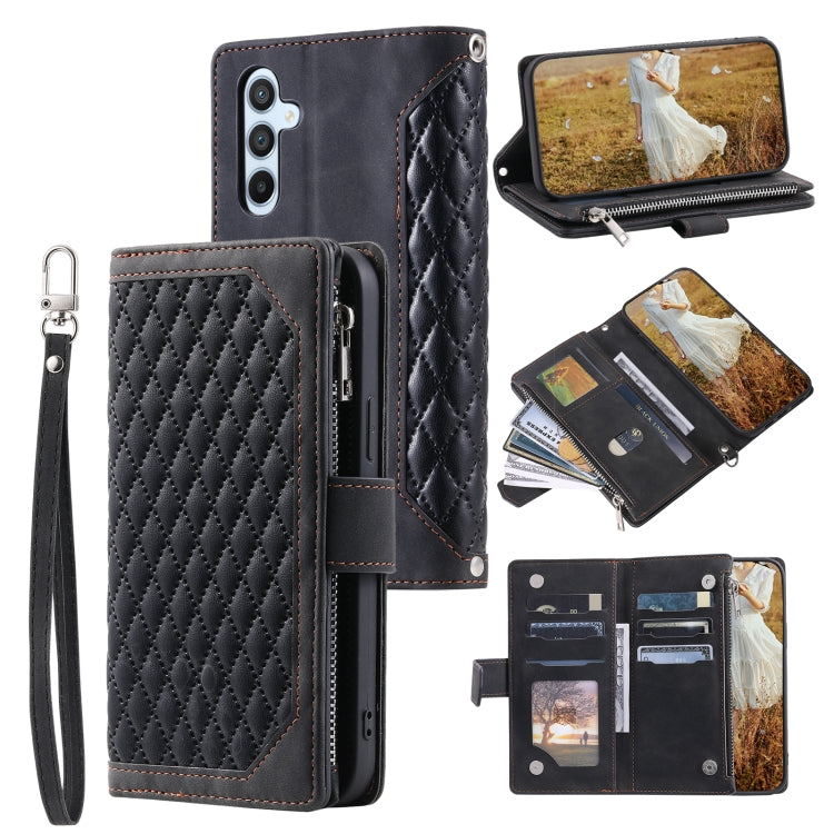 For Samsung Galaxy S25+ 5G Grid Texture Zipper Leather Phone Case with Lanyard(Black) - Galaxy S25+ 5G Cases by PMC Jewellery | Online Shopping South Africa | PMC Jewellery | Buy Now Pay Later Mobicred