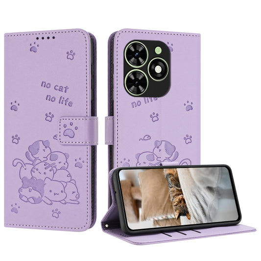 For Tecno Spark Go 2024 4G Embossed Kitten Phone Leather Case with Lanyard(Purple) - Tecno Cases by PMC Jewellery | Online Shopping South Africa | PMC Jewellery | Buy Now Pay Later Mobicred