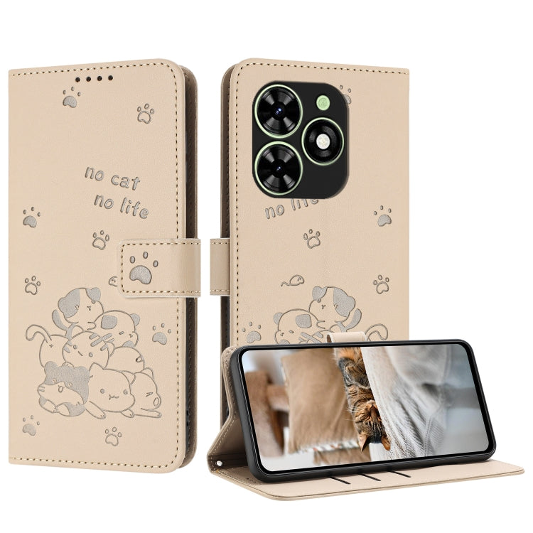 For Tecno Spark Go 2024 4G Embossed Kitten Phone Leather Case with Lanyard(Beige) - Tecno Cases by PMC Jewellery | Online Shopping South Africa | PMC Jewellery | Buy Now Pay Later Mobicred