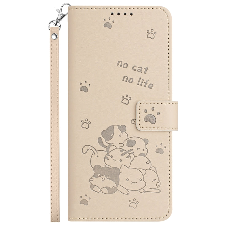 For Motorola Edge 2024 5G Embossed Kitten Phone Leather Case with Lanyard(Beige) - Motorola Cases by PMC Jewellery | Online Shopping South Africa | PMC Jewellery | Buy Now Pay Later Mobicred