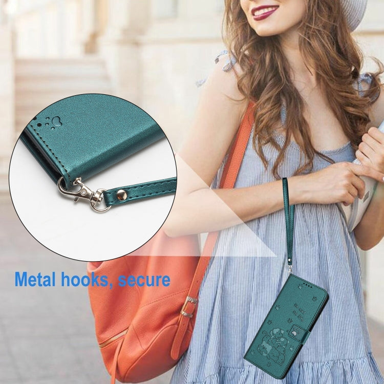 For Motorola Edge 2024 5G Embossed Kitten Phone Leather Case with Lanyard(Dark Green) - Motorola Cases by PMC Jewellery | Online Shopping South Africa | PMC Jewellery | Buy Now Pay Later Mobicred