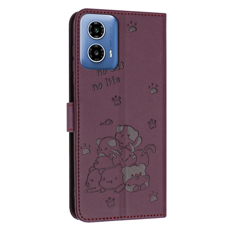 For Motorola Edge 2024 5G Embossed Kitten Phone Leather Case with Lanyard(Wine Red) - Motorola Cases by PMC Jewellery | Online Shopping South Africa | PMC Jewellery | Buy Now Pay Later Mobicred