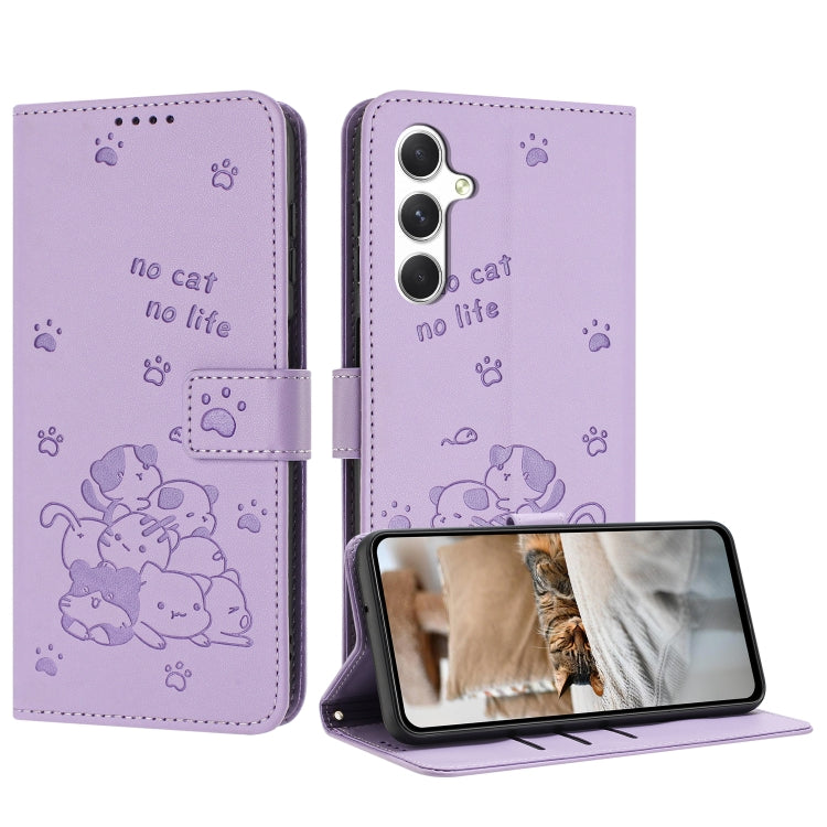 For Samsung Galaxy S25 / S24 5G Embossed Kitten Phone Leather Case with Lanyard(Purple) - Galaxy S24 5G Cases by PMC Jewellery | Online Shopping South Africa | PMC Jewellery | Buy Now Pay Later Mobicred