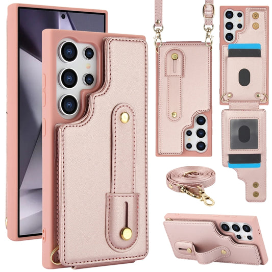 For Samsung Galaxy S25 Ultra 5G Wristband Vertical Flip Wallet Back Cover Phone Case with Long Lanyard(Rose Gold) - Galaxy S25 Ultra 5G Cases by PMC Jewellery | Online Shopping South Africa | PMC Jewellery | Buy Now Pay Later Mobicred