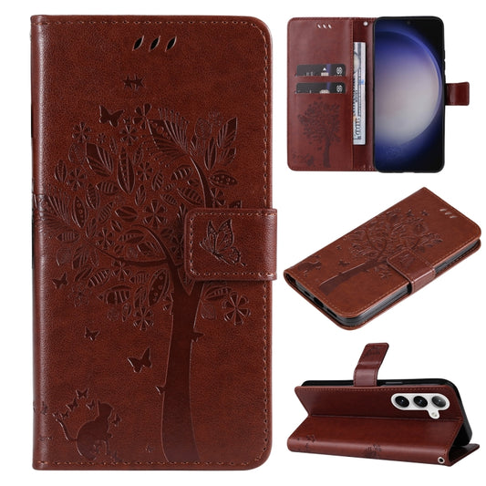 For Samsung Galaxy S25 / S24 5G Tree & Cat Embossed Pattern Flip Leather Phone Case(Coffee) - Galaxy S25 5G Cases by PMC Jewellery | Online Shopping South Africa | PMC Jewellery | Buy Now Pay Later Mobicred