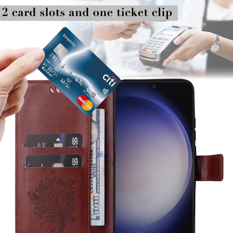 For Samsung Galaxy S25+ / S24+ 5G Tree & Cat Embossed Pattern Flip Leather Phone Case(Coffee) - Galaxy S25+ 5G Cases by PMC Jewellery | Online Shopping South Africa | PMC Jewellery | Buy Now Pay Later Mobicred