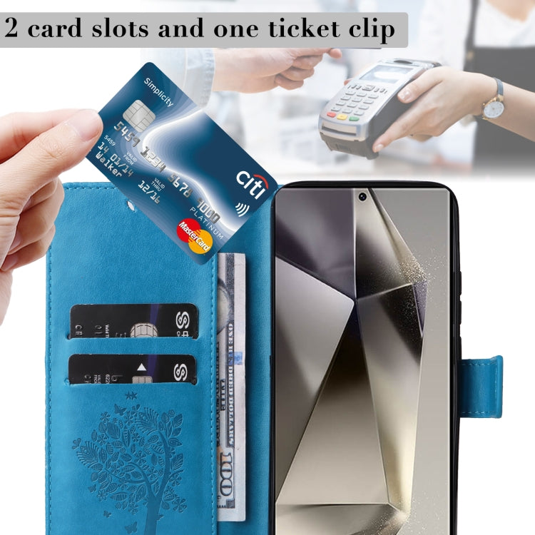 For Samsung Galaxy S25 Ultra 5G Tree & Cat Embossed Pattern Flip Leather Phone Case(Blue) - Galaxy S25 Ultra 5G Cases by PMC Jewellery | Online Shopping South Africa | PMC Jewellery | Buy Now Pay Later Mobicred