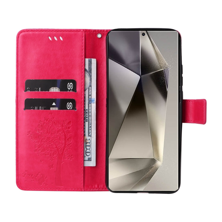 For Samsung Galaxy S25 Ultra 5G Tree & Cat Embossed Pattern Flip Leather Phone Case(Rose Red) - Galaxy S25 Ultra 5G Cases by PMC TechLife | Online Shopping South Africa | PMC TechLife | Buy Now Pay Later Mobicred