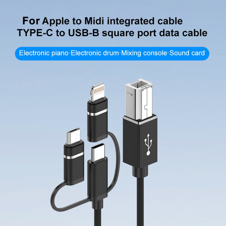 3 in 1 8 Pin, Type-C, Micro USB to USB-B MIDI Instruments Printer Cable, Length: 1m, Length:1m(Silver) - Multifunction Cable by PMC Jewellery | Online Shopping South Africa | PMC Jewellery | Buy Now Pay Later Mobicred