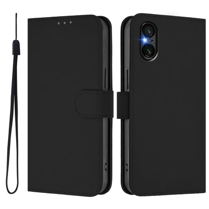 For Sony Xperia 5 VI 2024 Skin Feel Solid Color Leather Phone Case with Lanyard(Black) - Sony Cases by PMC Jewellery | Online Shopping South Africa | PMC Jewellery | Buy Now Pay Later Mobicred