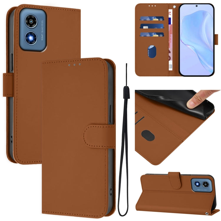 For Motorola Moto G Play 4G 2024 Global Skin Feel Solid Color Leather Phone Case with Lanyard(Brown) - Motorola Cases by PMC Jewellery | Online Shopping South Africa | PMC Jewellery | Buy Now Pay Later Mobicred