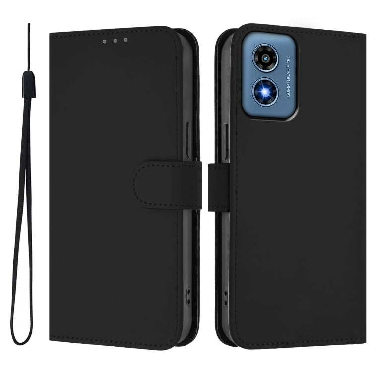 For Motorola Moto G Play 4G 2024 Global Skin Feel Solid Color Leather Phone Case with Lanyard(Black) - Motorola Cases by PMC Jewellery | Online Shopping South Africa | PMC Jewellery | Buy Now Pay Later Mobicred