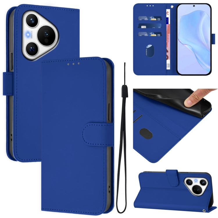 For Huawei Pura 70 Skin Feel Solid Color Leather Phone Case with Lanyard(Dark Blue) - free shipping - PMC Jewellery - Order now!