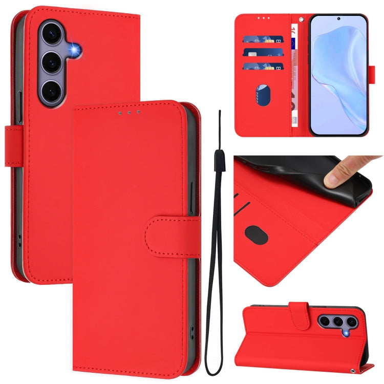 For Samsung Galaxy S25 5G Skin Feel Solid Color Leather Phone Case with Lanyard(Red) - Galaxy S25 5G Cases by PMC Jewellery | Online Shopping South Africa | PMC Jewellery | Buy Now Pay Later Mobicred