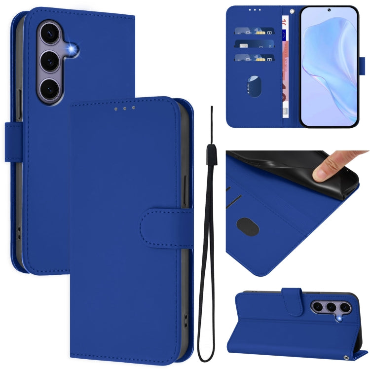 For Samsung Galaxy S25 5G Skin Feel Solid Color Leather Phone Case with Lanyard(Dark Blue) - Galaxy S25 5G Cases by PMC Jewellery | Online Shopping South Africa | PMC Jewellery | Buy Now Pay Later Mobicred