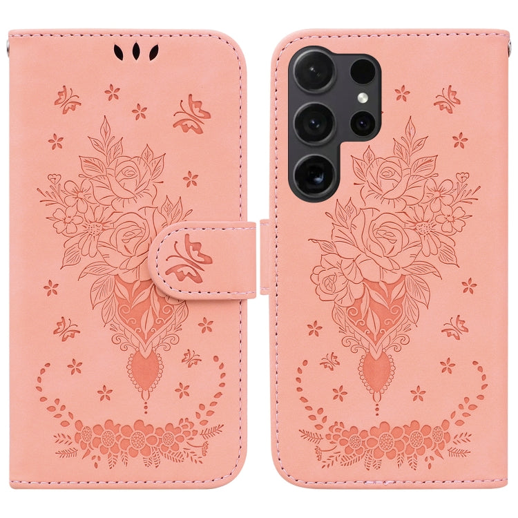 For Samsung Galaxy S25 Ultra 5G Butterfly Rose Embossed Leather Phone Case(Pink) - Galaxy S25 Ultra 5G Cases by PMC Jewellery | Online Shopping South Africa | PMC Jewellery | Buy Now Pay Later Mobicred