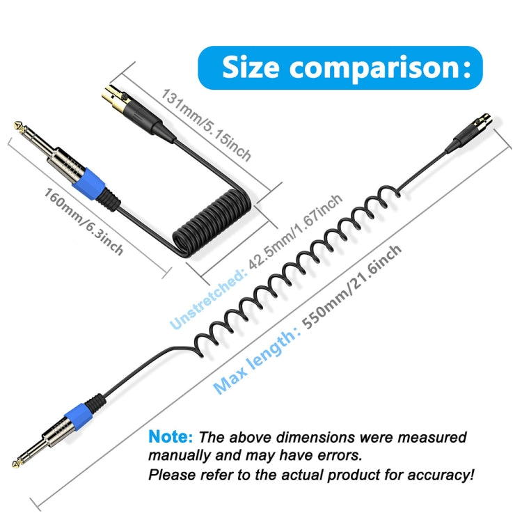 Mini 3 Pin XLR to 6.35mm Stereo Microphone Aux Audio Cable Coiled Adapter Cable, Length: 0.5m(Black) - Microphone Audio Cable & Connector by PMC TechLife | Online Shopping South Africa | PMC TechLife | Buy Now Pay Later Mobicred