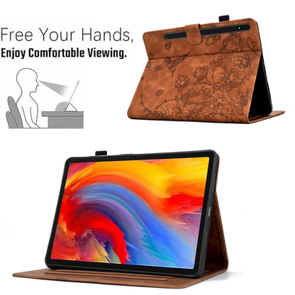 For Samsung Galaxy Tab S9 Flowers and Bird Embossed Smart Leather Tablet Case(Brown) - Galaxy Tab S9 Cases by PMC Jewellery | Online Shopping South Africa | PMC Jewellery | Buy Now Pay Later Mobicred