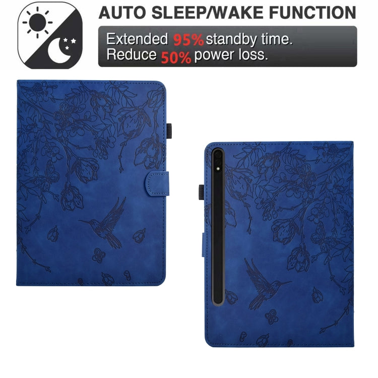 For Samsung Galaxy Tab S9 Flowers and Bird Embossed Smart Leather Tablet Case(Dark Blue) - Galaxy Tab S9 Cases by PMC Jewellery | Online Shopping South Africa | PMC Jewellery | Buy Now Pay Later Mobicred