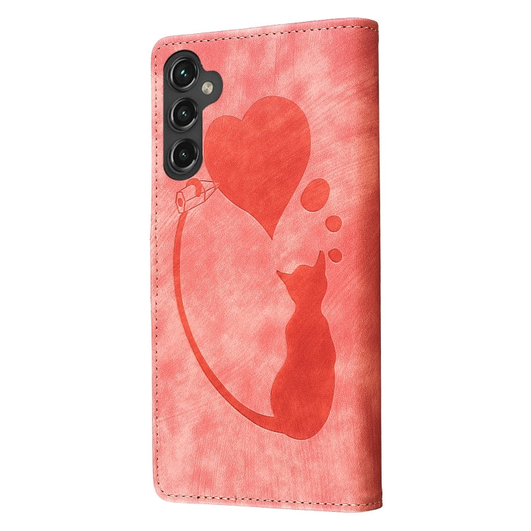 For Samsung Galaxy S25 5G Pen Heart Cat Embossed Leather Phone Case(Orange) - Galaxy S25 5G Cases by PMC Jewellery | Online Shopping South Africa | PMC Jewellery | Buy Now Pay Later Mobicred