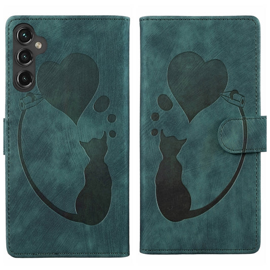 For Samsung Galaxy S25 5G Pen Heart Cat Embossed Leather Phone Case(Green) - Galaxy S25 5G Cases by PMC Jewellery | Online Shopping South Africa | PMC Jewellery | Buy Now Pay Later Mobicred