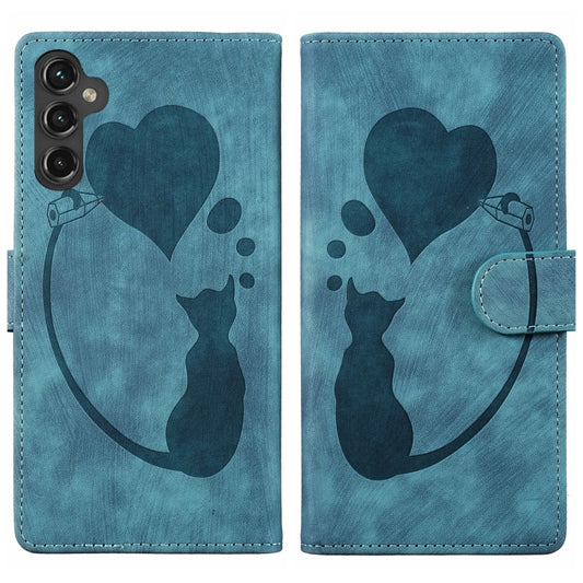 For Samsung Galaxy S25 5G Pen Heart Cat Embossed Leather Phone Case(Blue) - Galaxy S25 5G Cases by PMC Jewellery | Online Shopping South Africa | PMC Jewellery | Buy Now Pay Later Mobicred